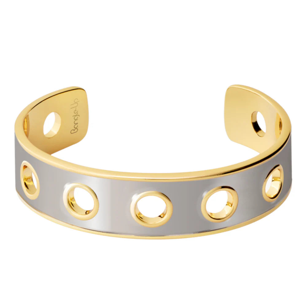 EYELET - Adjustable perforated gilded and rhodium brass bangle. Color : Light gold & Rhodium