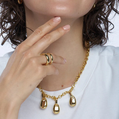 AN-O - Double ring in rhodium steel metallic PVD. adjustable. Color : Light Gold Size: 56